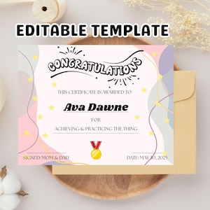 Kids Congratulations Certificate Printable: Editable School Award (Digital Download)