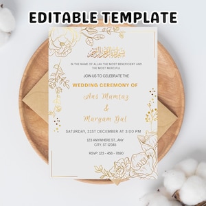 Golden Nikkah Invitation Template: Editable Muslim Wedding Walima Invite (Canva, Digital Download)
