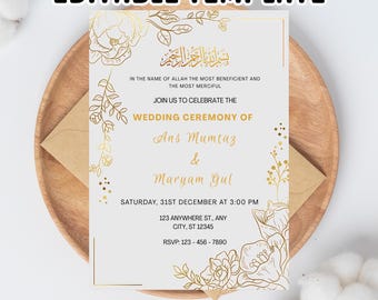 Plantilla de invitación para Nikkah dorada: invitación editable para boda musulmana Walima (Canva, descarga digital)