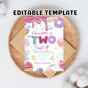 Zwei süße Geburtstagseinladung: Candy Donut-Thema (bearbeitbare Canva-Vorlage)