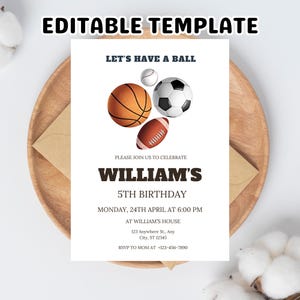 Sports Party Invitation: Watercolor Baseball, Football, Soccer, Basketball (5x7 Printable, Editable Text, Digital Download)