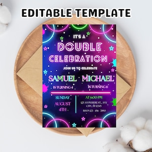 Double Celebration Invitation,Double Celebration Birthday Party,Double Invite,Sibling Invite,Instant Download,Editable,Canva Template