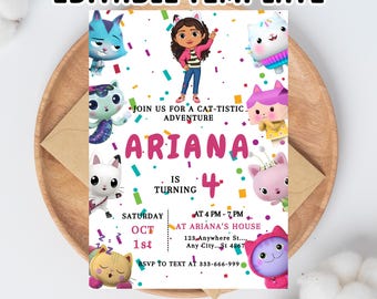 Convite de aniversário da Gabby's Dollhouse: convite editável para festa infantil (download digital)