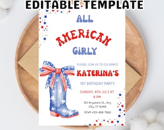 American Girly 4th of July Invitation: Coquette Cowgirl Party (Digital Download, 5x7 in