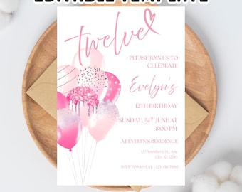 Invitación de cumpleaños número 12 con globos rosas: invitación editable de dos dígitos (descarga digital, Evite incluido)