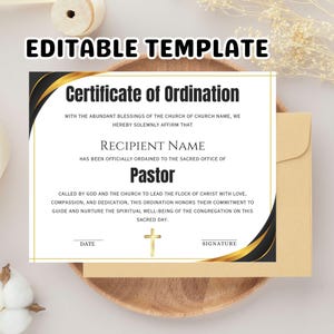 Editable Pastor Ordination Certificate Template: Printable Gospel Ministry Document (Canva PDF)