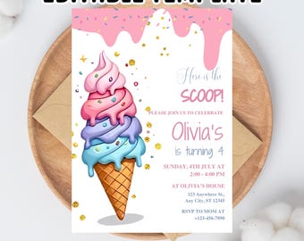 Ice Cream Birthday Invitation: Pink & Purple Canva Template (5x7 in, Digital Download