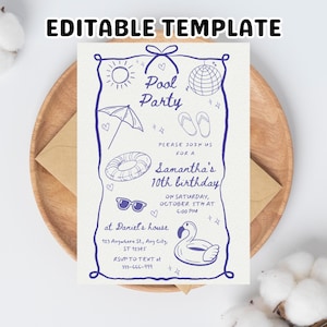 Whimsical Pool Party Invitation Template: Hand-Drawn Swim Birthday Invite (PDF)