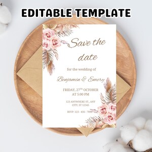 Rose Save the Date Invitation: Elegant Wedding Announcement (Canva Template Digital Evite 5x7 in PDF)