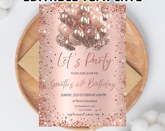 Rose Gold Birthday Invitation Template: Editable 40th/50th (Digital Download)