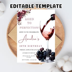 Editable Aged to Perfection Invitation, Wine Birthday Invitation, Winery Invitation, Fine Like Wine, Floral, Printable or Text Invite