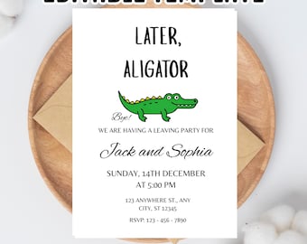 Bewerkbare uitnodiging voor bewegend alligatorfeest: afscheidsfeest, canvasjabloon (digitale download)