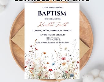 Invitación de bautismo con flores rosas: Plantilla de primavera con flores silvestres (descarga digital, 5 x 7 pulgadas)