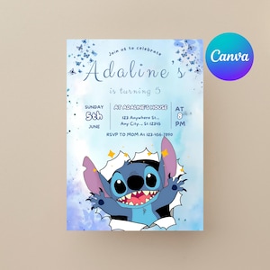 Stitch Birthday Invitation, Blue Tropical Party, Blue Stitch Invitation, Stitch Invitation, Digital Invite, Mobile Invite, Canva Template