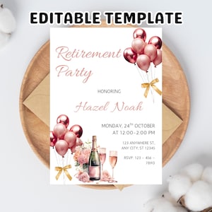 Elegant Champagne Retirement Party Invitation Template (5x7 in, Digital Download, Editable Text & Background)