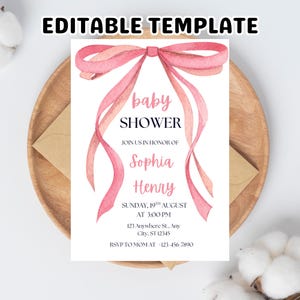 Blush Pink Bow Baby Shower Invitation Editable Elegant Watercolor Coquette Bow Invitation Pink Girl Baby Shower Invite Pink Ribbon Canva