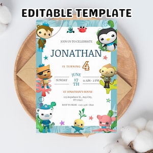 Modèle modifiable d&#39;invitation d&#39;anniversaire d&#39;octonautes, invitation de partie d&#39;octonautes, invitation d&#39;anniversaire d&#39;amusement, invitation d&#39;anniversaire d&#39;enfants, aventure de mer