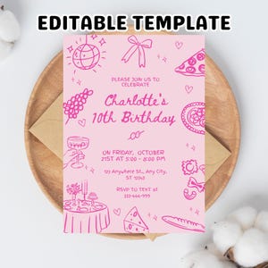 Hand-Drawn Coquette Birthday Invitation: Editable Canva Template (5x7 in, Digital Download)