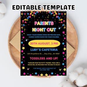 Editable Parents Night Out Flyer Printable PTO PTA Church Community Family School Fundraiser Event Digital Editable Template, Canva Template