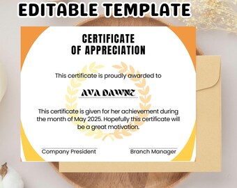 Editable Appreciation Certificate Template: Printable Award (Canva, Instant Download, 11x8.5 in)