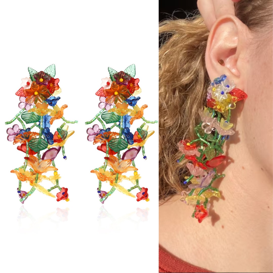 Y2K Handmade 90s Inspired Trendy Beaded Flower Earrings for Women, Fun