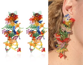 Y2K handmade 90s inspired trendy beaded flower earrings for women, fun beads flower bouquet earrings for girls, floral hand made earrings