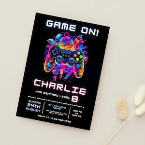 Neon Game On Birthday Invitation: Editable Canva Template (5x7 in, Digital Download)