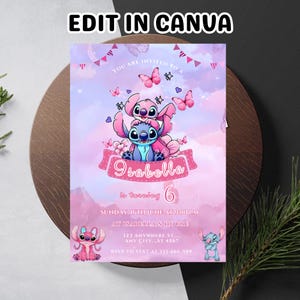 Invitación de cumpleaños de Stitch y Angel: plantilla editable e imprimible: hermosa invitación para el cumpleaños de tu pequeño, editable en Canva
