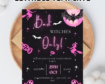Uitnodiging voor Halloween-feestje Bad Witches: bewerkbare canvassjabloon