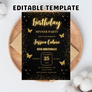 Digital Birthday Dinner Invitation Template, Black Tie Glam Invite, Animated Black Golden Diamond Evite For Men & Women, Self Editable eCard