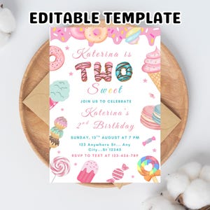 Two Sweet Invitation, Two Sweet Birthday, 2nd Birthday Party, Donut Ice Cream Candy Invite, Instant Download, Editable, Canva Template