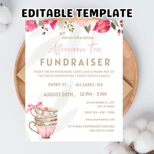Invitation à une collecte de fonds pour le thé de l&#39;après-midi : Flyer modifiable pour la garden-party (modèle sur toile)
