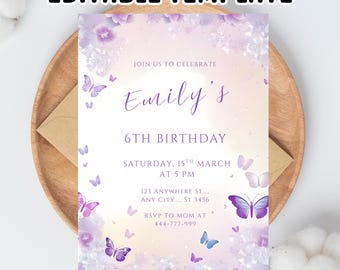 Purple Butterfly Birthday Invitation: Girl Party, Editable Template (Canva)