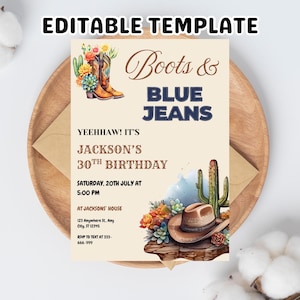 Boots and Blue Jeans Party Invite | Western Theme Birthday Invitation | Cowgirl Cowboy Hat | Editable Invite | Instant Download