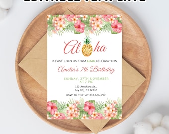 Aloha Birthday Invitation: Pineapple & Tropical Flowers (Digital Download, 5x7 in)