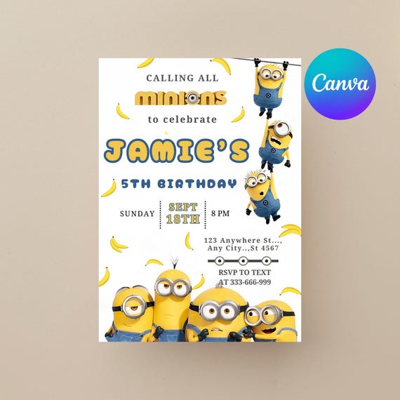 Editable Minions Birthday Invitation: 5x7 Digital Party Invite (PDF Template)