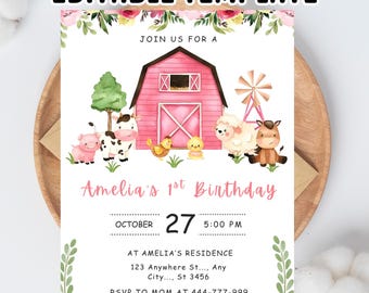 Invitación editable de cumpleaños de la granja rosa: Animales de granja florales (Descarga digital)