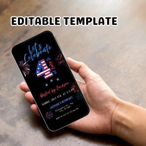 4. Juli Einladung mit Feuerwerk. Digitaler Unabhängigkeitstag Party einladen. Animiertes Grillen oder Lagerfeuer Feier einladen. DIY bearbeitbare Vorlage