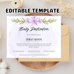 Certificado de Dedicación de Bebé, Certificado de Bebé Editable, Certificado de Bautizo, Plantilla de Canva, Descarga Digital