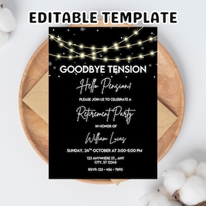 Könnte beinhalten: Schwarze Einladung zur Ruhestandsfeier mit dem Text "Goodbye Tension, Hello Pension!" und Veranstaltungsdetails. Die Einladung enthält Lichterketten und Schneeflocken. Der Text "Editable Template" steht oben.