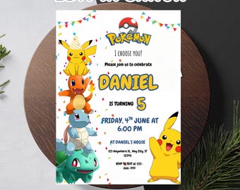Bearbeitbare Pokémon-Geburtstags-Einladungsvorlage, sofortiger Download für Canva, anpassbare Party-Einladung für Spaß & spielerisches Design