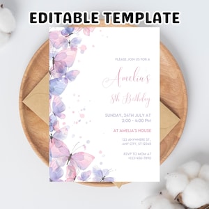 Butterfly Birthday Invitation Purple Butterfly Invitation Pink Butterfly Theme Girl Birthday Party Invitation EDITABLE Instant Download