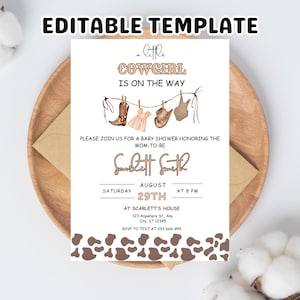Cowgirl Baby Shower Invitation – A Little Cowgirl Is On The Way – Editable Canva Template – Pink Western Rodeo Theme – Instant Download –5x7