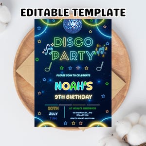 Disco Party Birthday Invitation Template, Disco Invitation, Dance Party,Glow Neon Party Invite, Neon Glow Disco, Glow Party Template, Canva