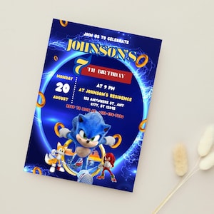 Convite de aniversário editável do Sonic, modelo de convite para festa do ouriço para impressão, para convite de menino e menina, convite para download instantâneo