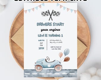 Race Car 1st Birthday Invitation: Vintage Blue, Editable (Printable PDF