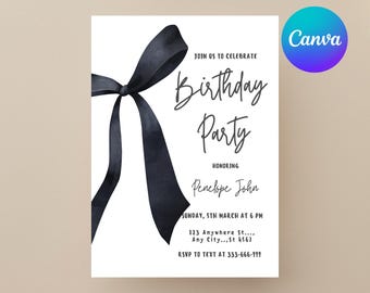 Coquette Black Bow 40th Birthday Invitation: Editable Canva Template