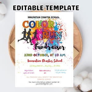 Editable Color Run Flyer Printable Invitation, Community Fundraising Event, Charity School Benefit Run, 5k 10k Race Poster CANVA Template