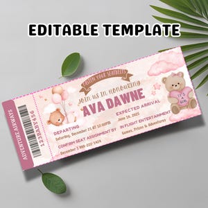 Convite para chá de bebê com cartão de embarque, convite para chá de bebê Journey Begins – Tema rosa de viagem editável com balão de ar quente