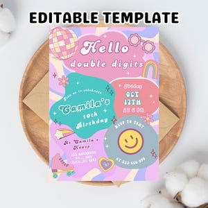 10th birthday party invitation girl, 10 is a vibe invitation, Preppy invitation editable, Groovy digital invitation, ten birthday invitation